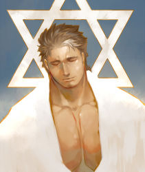 Rule 34 | 1boy, bara, blue background, brown hair, closed eyes, closed mouth, commentary, facial hair, hexagram, hinokumo f, large pectorals, long sideburns, male focus, mature male, mononobe kyoma, multicolored hair, muscular, muscular male, open clothes, pectoral cleavage, pectorals, short hair, sideburns, solo, star of david, streaked hair, stubble, thick eyebrows, tokyo houkago summoners, upper body, white hair