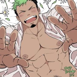 Rule 34 | 1boy, ^ ^, abs, bara, black hair, blush, brown hair, closed eyes, dark-skinned male, dark skin, facial hair, flower, goatee, green hair, ikusaba daisuke, large pectorals, lying, male focus, male pubic hair, multicolored hair, muscular, muscular male, nipples, nori (h s 050), on back, open clothes, open shirt, pectorals, pubic hair, shirt, short hair, sideburns, solo, tan, teeth, tokyo houkago summoners, two-tone hair, upper body, upper teeth only, white background, white shirt