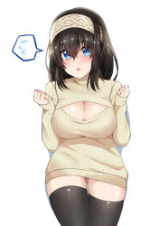 Rule 34 | 10s, 1girl, absurdres, bad id, bad pixiv id, black hair, blue eyes, blush, breasts, curvy, forearms at chest, hairband, highres, idolmaster, idolmaster cinderella girls, large breasts, long hair, meme attire, naked sweater, no panties, open-chest sweater, ribbed sweater, sagisawa fumika, solo, spicy moo, spoken sweatdrop, sweatdrop, sweater, thigh gap, thighhighs