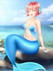 Rule 34 | 1girl, :d, ^ ^, artist name, bare shoulders, blurry, blurry background, blush, breasts, cleavage, closed eyes, commentary, commentary request, day, depth of field, doki doki literature club, eighth note, english commentary, fins, gigamessy, head fins, medium breasts, mermaid, monster girl, music, musical note, navel, ocean, open mouth, outdoors, rock, sayori (doki doki literature club), scales, short hair, singing, sitting, smile, solo, stomach
