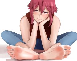 Rule 34 | 1girl, absurdres, aizawa tomo, bare shoulders, barefoot, closed mouth, denim, feet, female focus, foot focus, hair between eyes, hands on own chin, hands on own face, highres, jeans, knees apart feet together, light blush, lips, looking at viewer, pants, red eyes, red hair, shirow (mha03133), short hair, sleeveless, soles, spread legs, toes, tomo-chan wa onna no ko