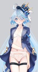 Rule 34 | 1girl, absurdres, blue eyes, blue hair, blue hat, blue jacket, blush, bra, breasts, commentary, cowboy shot, cowlick, furina (genshin impact), garter belt, genshin impact, grey background, hair over one eye, hand on own arm, hat, heterochromia, highres, jacket, long hair, looking down, mismatched pupils, multicolored hair, navel, open clothes, open jacket, opm7760, panties, parted lips, simple background, small breasts, solo, standing, streaked hair, top hat, underwear, very long hair, white bra, white panties