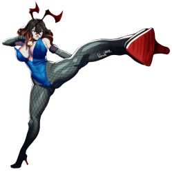 Rule 34 | 1girl, ass, bloodstained: ritual of the night, blue leotard, breasts, cleavage, clenched hand, commentary, detached sleeves, english commentary, fishnets, gameplay mechanics, gradient hair, high heels, highleg, highleg leotard, kicking, large breasts, leotard, lilirulu, miriam (bloodstained), multicolored hair, muscular, muscular female, pantyhose, playboy bunny, signature, transparent background, tsurime