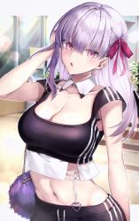 Rule 34 | 1girl, :o, absurdres, alternate costume, blush, breasts, casual, chain, cleavage, collarbone, commentary request, cowboy shot, crop top, day, detached collar, earrings, fate/grand order, fate (series), gold chain, hair ribbon, hand in own hair, hane yuki, heart, highres, jewelry, kama (fate), large breasts, long hair, looking at viewer, navel, open mouth, outdoors, pink eyes, pink ribbon, purple hair, ribbon, short sleeves, solo, stomach, v-shaped eyebrows