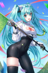 Rule 34 | 1girl, absurdres, aqua eyes, aqua hair, ass, asymmetrical bodysuit, black bodysuit, bodysuit, confetti, crop top, crop top overhang, cropped jacket, flagpole, goodsmile racing, hatsune miku, highres, hip focus, holding, holding pole, long hair, looking at viewer, navel, pole, racing miku, racing miku (2022), single thighhigh, skin tight, soo ou, thighhighs, thighs, twintails, two-tone gloves, vocaloid