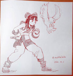 Rule 34 | 1girl, ainu clothes, artist name, breasts, fighting stance, fingerless gloves, gloves, hair ribbon, long hair, looking at viewer, monochrome, nakoruru, open mouth, ribbon, samurai spirits, sketch, small breasts, smile, snk, solo, the king of fighter, traditional media, weapon