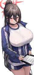 Rule 34 | 1girl, absurdres, black choker, black hair, blue archive, blue jacket, blue shorts, blurry, blush, breasts, chinese commentary, choker, closed mouth, collarbone, commentary request, covered erect nipples, cowboy shot, day, depth of field, gym uniform, hair between eyes, halo, hasumi (blue archive), hasumi (track) (blue archive), highres, holding, holding pen, huge breasts, jacket, long bangs, long hair, no bra, official alternate costume, outdoors, partially unzipped, pen, ponytail, red eyes, see-through, shirt, shorts, sijinni, solo, standing, very long hair, wet, wet clothes, wet shirt