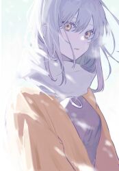Rule 34 | 1girl, absurdres, blush, breasts, breath, enpera, from side, grey hair, hair between eyes, highres, jacket, long hair, long sleeves, looking at viewer, medium breasts, mochiosamu ron, motion blur, orange jacket, original, parted lips, scarf, simple background, snowing, solo, sunlight, upper body, white background, white scarf, winter uniform, yellow eyes