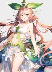 Rule 34 | 1girl, absurdres, arms at sides, bare shoulders, blush, breasts, cleavage, clothing cutout, collarbone, commentary request, cowboy shot, dress, flower, granblue fantasy, hair between eyes, hair ornament, highres, large breasts, leaf, long dress, long hair, looking at viewer, low twintails, monster girl, navel, navel cutout, open mouth, pink hair, plant girl, pointy ears, see-through, simple background, solo, thighs, twintails, umibouzu (niito), very long hair, yggdrasil (granblue fantasy)