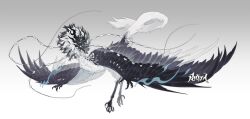 Rule 34 | animal focus, bairizuomeng, beak, black horns, black wings, blank eyes, blue sclera, claws, colored sclera, commentary, commission, english commentary, feathered wings, from side, full body, gradient background, grey background, highres, horns, monster, multiple horns, no humans, original, simple background, solo, spread wings, tail, talons, white background, wings