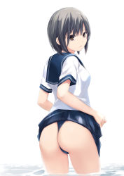Rule 34 | 1girl, aoyama sumika, ass, blue skirt, breasts, brown eyes, brown hair, coffee-kizoku, commentary request, from behind, highres, lips, looking at viewer, looking back, medium breasts, original, panties, parted lips, sailor collar, school uniform, serafuku, short hair, short sleeves, simple background, skirt, solo, textless version, thighs, thong, underwear, wading, water, white background