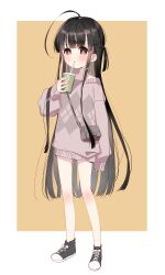 Rule 34 | 1girl, absurdres, ahoge, black hair, borrowed character, brown background, child, cup, drinking, drinking straw, full body, highres, holding, holding cup, looking at viewer, meito (maze), nobuo (ronna), original, pink sweater, red eyes, solo, standing, sweater, two-tone background, white background