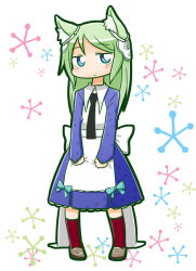 Rule 34 | 1girl, 7th dragon, 7th dragon (series), animal ear fluff, animal ears, apron, arietta (7th dragon), back bow, black necktie, blue bow, blue dress, blue eyes, bow, brown footwear, chibi, commentary request, dress, full body, green hair, kneehighs, loafers, long hair, looking at viewer, naga u, necktie, red socks, shoes, simple background, socks, solo, standing, white apron, white background, white bow