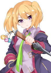 Rule 34 | 1girl, absurdres, black coat, blonde hair, blouse, breasts, chloe (princess connect!), choker, closed mouth, coat, collared shirt, green necktie, hand in pocket, highres, holding, holding sword, holding weapon, isocha, long sleeves, looking at viewer, medium hair, necktie, off-shoulder shirt, off shoulder, open clothes, open coat, pointy ears, princess connect!, purple eyes, purple shirt, red skirt, shirt, simple background, skirt, small breasts, solo, sword, twintails, weapon, white background