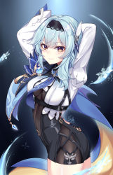 Rule 34 | 1girl, absurdres, arms behind head, arms up, ass, asymmetrical hair, blue background, blue capelet, blue hair, blush, bodysuit, breasts, capelet, cleavage, closed mouth, cowboy shot, eula (genshin impact), from side, genshin impact, gradient background, hair ornament, hairband, highres, light blue hair, looking at viewer, medium breasts, medium hair, necktie, snowflakes, solo, thighs, twisted torso, vision (genshin impact), yellow eyes, ying miao
