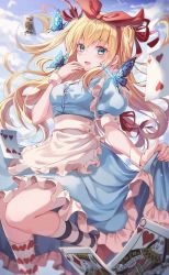 Rule 34 | 1girl, alice in wonderland, apron, bad id, bad twitter id, blonde hair, blue dress, blue eyes, blush, bow, breasts, clothes lift, curtsey, dress, dress lift, hair bow, hair ribbon, hairband, highres, icebox46, long hair, looking at viewer, medium breasts, open mouth, original, pinafore dress, ribbon, skirt, skirt lift, sleeveless dress, socks, solo, standing, standing on one leg, thighs, twintails