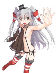 Rule 34 | &gt;:o, 10s, 1girl, :o, amatsukaze (kancolle), black panties, breasts, bright pupils, brown eyes, convenient censoring, garter straps, gloves, hairband, hat, highres, kantai collection, long hair, mini hat, open mouth, outstretched arm, outstretched hand, panties, red thighhighs, side-tie panties, silver hair, simple background, single glove, small breasts, solo, suspenders, sweatdrop, thighhighs, topless, two side up, underwear, underwear only, v-shaped eyebrows, white background, white gloves, white pupils, yaya hinata