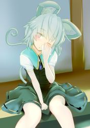 Rule 34 | 1girl, animal ears, capelet, dress, gem, grey dress, grey hair, highres, ishikkoro, jewelry, looking at viewer, mouse ears, mouse tail, nazrin, necklace, one eye closed, pendant, puffy short sleeves, puffy sleeves, rubbing eyes, shirt, short sleeves, sitting, solo, tail, touhou