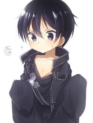 Rule 34 | 10s, 1boy, age regression, aged down, black eyes, black hair, highres, kirito, male focus, oversized clothes, shisokonbu, short hair, simple background, solo, sword art online, upper body, white background