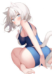 Rule 34 | 1girl, absurdres, ahoge, animal ear fluff, animal ears, ass, bare arms, bare legs, barefoot, blue eyes, blue one-piece swimsuit, blush, breasts, cat ears, cat girl, cat tail, clothing cutout, commentary request, feet, from behind, hand up, highres, large breasts, looking at viewer, looking back, one-piece swimsuit, original, parted lips, shin no tenpii, short hair, silver hair, simple background, sitting, solo, strap lift, swimsuit, tail, tail through clothes, wariza, white background