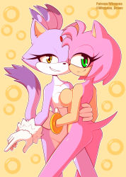 Rule 34 | 2girls, amy rose, animal ears, arm around waist, artist name, ass, asymmetrical docking, between legs, blaze the cat, bracelet, breast press, breasts, cat ears, cat tail, collarbone, colored skin, female focus, forehead jewel, furry, furry female, gloves, green eyes, half-closed eyes, hand on another&#039;s hip, highres, hug, jewelry, looking at viewer, looking back, medium breasts, multicolored skin, multiple girls, nude, patreon username, simple background, smile, sonic (series), standing, tail, teeth, twitter username, two-tone background, two-tone skin, watermark, white gloves, whygena, yellow background, yellow eyes, yuri
