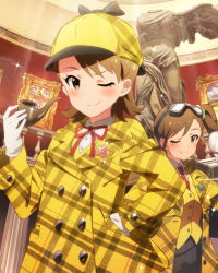 Rule 34 | 10s, 2girls, ;), bow, bowtie, brown eyes, brown hair, buttons, cabbie hat, capelet, deerstalker, detective, double-breasted, female focus, futami ami, futami mami, gloves, goggles, goggles on head, hat, holding, holding smoking pipe, idolmaster, idolmaster (classic), idolmaster million live!, jacket, kawakami tetsuya, looking at viewer, magnifying glass, multiple girls, musical note, necktie, official art, one eye closed, peacoat, plaid, plaid jacket, siblings, side ponytail, sisters, smile, smoking pipe, white gloves, wink, yellow jacket