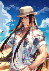 Rule 34 | 1boy, artist name, birthday, black eyes, black hair, blue sky, bracelet, dated, day, facial hair, foxvulpine, golden kamuy, hand in pocket, hat, hawaiian shirt, jewelry, long hair, male focus, oosawa fusatarou, outdoors, parted lips, shirt, sky, smile, solo, standing, upper body, very long hair, white shirt