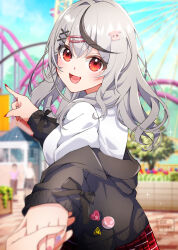 Rule 34 | 1girl, 1other, :d, black hair, black jacket, dated, grey hair, hair ornament, hairclip, highres, holding hands, hololive, jacket, long hair, multicolored hair, off shoulder, official alternate costume, open clothes, open jacket, open mouth, red eyes, red skirt, sakamata chloe, sakamata chloe (gyarumata), satsuki (pixiv 742410), shirt, skirt, smile, streaked hair, virtual youtuber, white shirt, x hair ornament