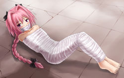 Rule 34 | 1boy, astolfo (fate), bare shoulders, barefoot, bdsm, black bow, blush, bondage, bound, bow, braid, collarbone, commentary, crack, cracked floor, english commentary, fate/grand order, fate (series), from above, full body, gag, gagged, gagged male, hair between eyes, hair bow, hair intakes, improvised gag, jitan777, knees up, long braid, long hair, looking at viewer, lying, male focus, multicolored hair, mummy, on back, pink hair, purple eyes, shadow, single braid, solo, streaked hair, sweat, tape, tape bondage, tape gag, taped hands, trap, variant set, white hair