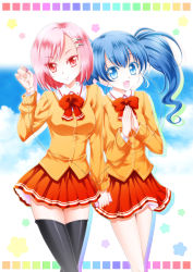 Rule 34 | 2girls, bad id, bad pixiv id, black legwear, blue eyes, blue hair, blush, bow, breasts, digital media player, earphones, isumi (i-spixi), long hair, looking at viewer, multiple girls, open mouth, own hands together, pink eyes, pink hair, school uniform, shared earphones, short hair, side ponytail, skirt, smile, thighhighs
