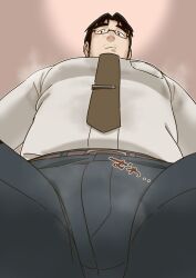 Rule 34 | 1boy, bara, belt, bulge, collared shirt, crotch, facial hair, from below, glasses, highres, large pectorals, long sideburns, looking at viewer, male focus, mature male, mochi (boc), mustache stubble, original, pants, pectorals, salaryman, shirt, short hair, sideburns, solo, steaming body, stubble, sweat, sweaty clothes, thick eyebrows, thighs