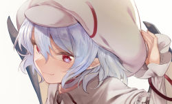 Rule 34 | 1girl, bat wings, blue hair, blush, capelet, curiosities of lotus asia, fang, fang out, hand up, light blush, long sleeves, pointy ears, red eyes, remilia scarlet, shirt, short hair, simple background, solo, touhou, white background, white headwear, white shirt, wings, yuki (popopo)