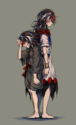 Rule 34 | 2girls, aged down, back-to-back, bad id, bad pixiv id, barefoot, black hair, bracelet, clenched teeth, cone horns, despair, dress, dual persona, grey background, grey horns, hand in own hair, hand on own head, highres, horns, japanese clothes, jewelry, kijin seija, kimono, multicolored hair, multiple girls, red eyes, red hair, sash, short hair, streaked hair, teeth, touhou, white hair, yudaoshan