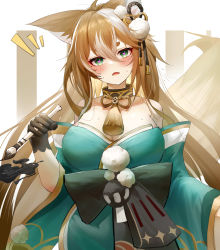 Rule 34 | 1girl, absurdres, animal ears, aqua kimono, bare shoulders, blush, breasts, brown hair, calligraphy brush, cleavage, collarbone, detached sleeves, di qi gang guang, dog ears, dog tail, genderswap, genderswap (mtf), genshin impact, green eyes, hair between eyes, hair ornament, heart, heart-shaped eyes, highres, hina (genshin impact), holding, holding brush, japanese clothes, kimono, large breasts, long hair, long sleeves, looking at viewer, multicolored hair, paintbrush, pom pom (clothes), pom pom hair ornament, rope, shimenawa, sidelocks, simple background, solo, strapless, streaked hair, sweat, tail, thick eyebrows, two-tone hair, wide sleeves