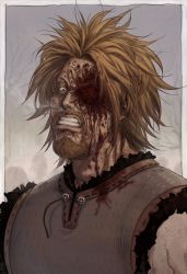 Rule 34 | 1boy, absurdres, anger vein, beard, blonde hair, blood, blood on clothes, blood on face, brown eyes, clenched teeth, commentary, english commentary, facial hair, grey background, highres, male focus, outdoors, procreate (medium), scar, solo, teeth, thorkell, upper body, vinland saga, yomimomsg