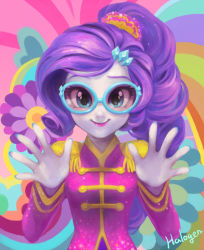 Rule 34 | 1girl, asymmetrical bangs, colored skin, commentary, curly hair, english commentary, eyelashes, glasses, halogenkn, lipstick, long hair, long sleeves, looking at viewer, makeup, multicolored background, my little pony, my little pony: equestria girls, my little pony: friendship is magic, nail polish, ponytail, purple hair, rarity (my little pony), signature, smile, solo, white skin