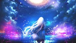 Rule 34 | 1girl, artist request, back, bad id, bad pixiv id, character request, cherry blossoms, copyright request, highres, long hair, night, night sky, non-web source, petals, rose petals, shirt, sky, solo, source request, star (sky), water, white shirt