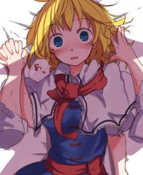Rule 34 | 1girl, alice margatroid, ascot, blonde hair, blue eyes, blush, capelet, commentary request, disembodied hand, furorina, holding hands, interlocked fingers, kirisame marisa, looking at viewer, lying, on back, open mouth, short hair, solo focus, sweat, touhou, upper body