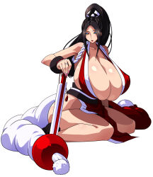 Rule 34 | 1girl, armpits, arms up, ass, breasts, brown eyes, brown hair, covered erect nipples, fatal fury, female focus, highres, huge breasts, ponytail, raisuta, shiny skin, shiranui mai, snk, solo, the king of fighters, white background