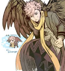 Rule 34 | 1boy, bird, buttons, clenched hand, commentary request, english text, feathered wings, green eyes, id :invaded, lapels, long sleeves, male focus, open mouth, sakaido (id:invaded), scarf, short hair, solo, wings, yashi ur, yellow scarf