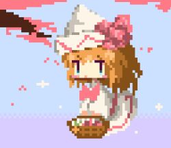 Rule 34 | basket, blue eyes, blue sky, blush stickers, bow, bowtie, capelet, cherry blossoms, dress, falling petals, flying, hat, hat bow, holding, holding basket, lily white, ling os87, long hair, looking at viewer, orange hair, petals, pixel art, red bow, red bowtie, sky, sunrise, touhou, white capelet, white dress, white hat