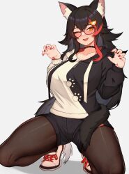 Rule 34 | 1girl, ;d, animal ear fluff, animal ears, black choker, black hair, black pantyhose, black shorts, breasts, choker, claw pose, glasses, hair ornament, hairclip, highres, hololive, large breasts, long hair, long sleeves, looking at viewer, multicolored hair, one eye closed, ookami mio, ookami mio (casual), open mouth, pantyhose, puffy long sleeves, puffy sleeves, red hair, red nails, shoes, short shorts, shorts, simple background, smile, solo, squatting, streaked hair, tail, two-tone hoodie, varniskarnis, very long hair, virtual youtuber, white background, white footwear, wolf ears, wolf tail