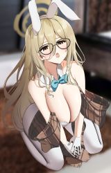 Rule 34 | absurdres, akane (blue archive), akane (bunny) (blue archive), animal ears, blue archive, bow, bowtie, breasts, cleavage, cum, cum in mouth, fake animal ears, glasses, gloves, hair between eyes, highres, huge breasts, leotard, nicorima, open mouth, pantyhose, playboy bunny, rabbit ears, solo, white gloves, white pantyhose, yellow eyes