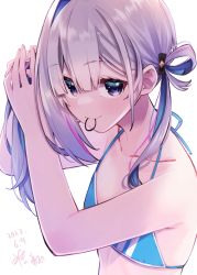 Rule 34 | 1girl, amane kanata, bare arms, bikini, blue bikini, blue eyes, blue hair, blush, closed mouth, colored inner hair, dated, flat chest, grey hair, hair tie in mouth, halterneck, hikawa shou, holding, holding hair, hololive, looking at viewer, mouth hold, multicolored hair, pink hair, signature, simple background, smile, solo, streaked hair, string bikini, swimsuit, tying hair, upper body, virtual youtuber, white background