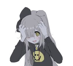 Rule 34 | 1girl, animal collar, black bow, black hoodie, blunt bangs, blush, bow, collar, drooling, fang, fewer digits, floppy ears, furrowed brow, furry, furry female, grey hair, hair bow, hands on own head, highres, hood, hood down, hoodie, long hair, long sleeves, looking at viewer, mouth drool, nervous sweating, one eye covered, original, oyasu miyo (vreparty), print hoodie, simple background, skin fang, smile, smiley face, solo, sweat, upper body, vreparty, white background