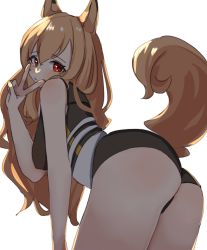 Rule 34 | 1girl, absurdres, animal ears, arknights, ass, binware, black shorts, blush, breasts, brown hair, ceobe (arknights), closed mouth, clothing cutout, dog ears, dog girl, dog tail, from behind, highres, leaning forward, long hair, looking at viewer, looking back, medium breasts, red eyes, short shorts, shorts, simple background, sleeveless, solo, tail, tail through clothes, v, very long hair, white background