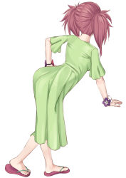 Rule 34 | 1girl, amanchu!, ass, commentary request, dress, easy (aqk7bdqt), from behind, full body, green dress, hand on own hip, ninomiya ai, red hair, sandals, simple background, solo, white background