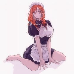 1girl alternate_eye_color apron artist_name artist_request barefoot bleach breasts female_focus inoue_orihime maid maid_apron maid_headdress medium_breasts orange_eyes orange_hair simple_background sitting tagme white_background