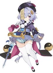 Rule 34 | 1girl, bead necklace, beads, blue shorts, braid, closed mouth, deitaku, genshin impact, hair between eyes, hair ornament, hat, holding, holding sword, holding weapon, jewelry, jiangshi, long hair, long sleeves, necklace, ofuda, pink eyes, pom pom (clothes), purple hair, qingdai guanmao, qiqi (genshin impact), shorts, simple background, single braid, skindentation, solo, sword, tassel, thighhighs, very long hair, weapon, white background, white thighhighs