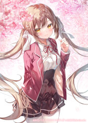 Rule 34 | 1girl, blazer, blurry, blurry foreground, blush, bow, braid, breasts, brown eyes, brown hair, brown skirt, closed mouth, collared shirt, commentary request, depth of field, flower, hair bow, hair ornament, hairclip, hand up, holding, jacket, light smile, long sleeves, looking at viewer, miwabe sakura, neck ribbon, open clothes, open jacket, original, pantyhose, petals, pink flower, pleated skirt, red jacket, red ribbon, ribbon, school uniform, shirt, skirt, small breasts, solo, twintails, white bow, white pantyhose, white shirt